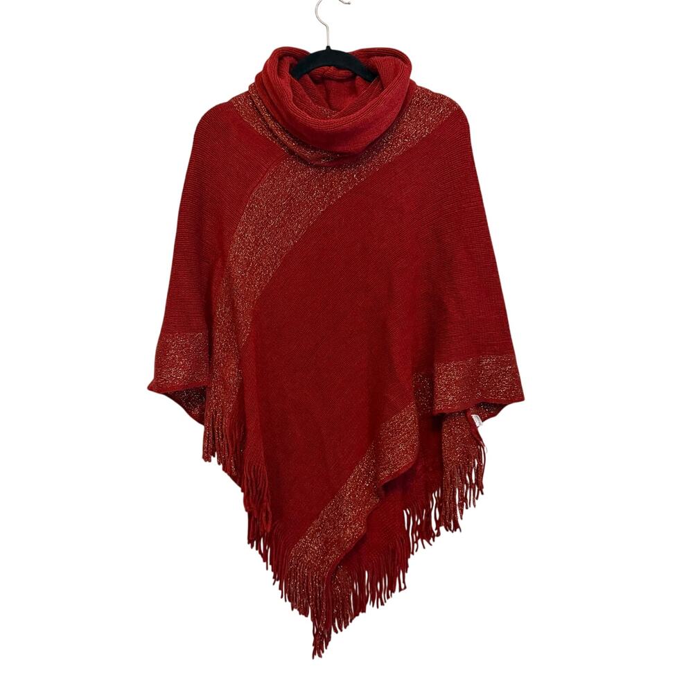 Womens Sweater Red Metallic Knit Poncho One Size Fringe Boho Winter Warm Cozy